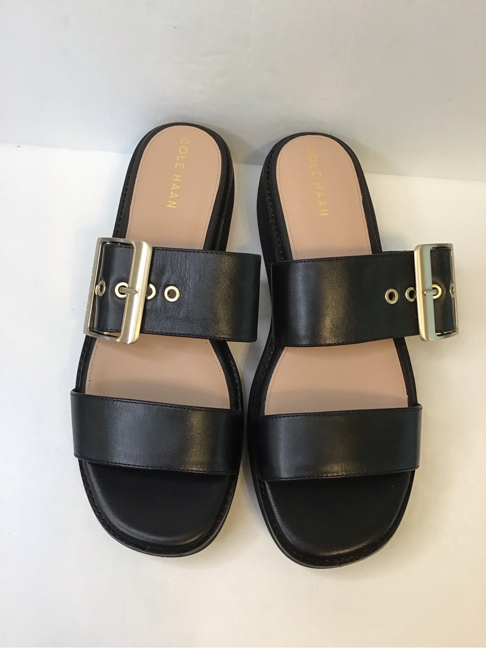 COLE HAAN Women's Black Leather Double-Strap Wedge Slides with Gold Buckle 9 - Picture 5 of 8